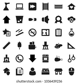 Flat vector icon set - plunger vector, sponge, trash bin, washboard, toaster, oven, cereal, chicken leg, corner ruler, notebook pc, medal, arrow down, up, stairways run, no smoking, gymnast rings