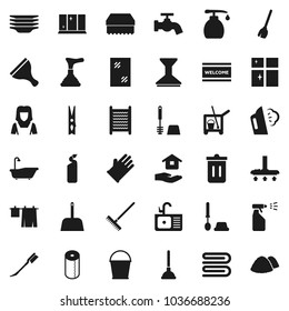 Flat vector icon set - plunger vector, scraper, cleaner trolley, broom, vacuum, rake, scoop, bucket, clothespin, sponge, towel, trash bin, water tap, car fetlock, window cleaning, welcome mat, bath