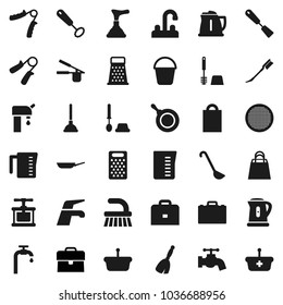 Flat vector icon set - plunger vector, broom, water tap, fetlock, bucket, car, toilet brush, pan, kettle, measuring cup, cook press, whisk, spatula, ladle, grater, sieve, case, hand trainer, supply