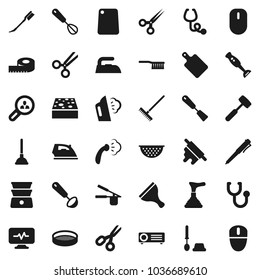 Flat vector icon set - plunger vector, scraper, fetlock, rake, sponge, car, iron, steaming, toilet brush, colander, cook press, whisk, spatula, ladle, rolling pin, meat hammer, cutting board, sieve