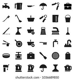 Flat vector icon set - plunger vector, fetlock, bucket, water tap, car, pan, kettle, measuring cup, cook press, spatula, ladle, grater, sieve, case, hand trainer, umbrella, scalpel, supply, basket