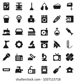Flat vector icon set - plunger vector, fetlock, bucket, sponge, washer, foam basin, sink, cook press, rolling pin, toaster, oven, blender, microscope, boxing glove, microphone, radio, remote control