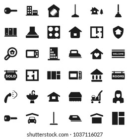 Flat vector icon set - plunger vector, cleaner trolley, mop, sponge, welcome mat, steaming, shining window, sink, woman, oven, university, dry cargo, key, chalet, garage, plan, rooms signboard, sold