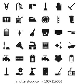 Flat vector icon set - plunger vector, scraper, cleaner trolley, broom, fetlock, mop, rake, clothespin, trash bin, water tap, shining, window cleaning, splotch, welcome mat, iron, bath, toilet brush