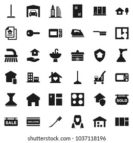 Flat vector icon set - plunger vector, cleaner trolley, fetlock, mop, car, window cleaning, welcome mat, iron, shining, house hold, sink, woman, oven, university, warehouse, home, key, chalet, plan