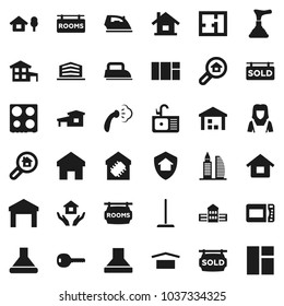Flat vector icon set - plunger vector, mop, iron, steaming, house hold, sink, cleaner woman, oven, school building, dry cargo, warehouse, home, cottage, chalet, plan, rooms signboard, sold, office