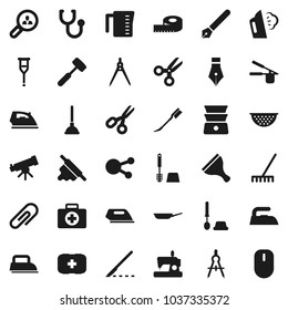 Flat vector icon set - plunger vector, scraper, rake, car fetlock, iron, steaming, toilet brush, pan, colander, measuring cup, cook press, rolling pin, meat hammer, double boiler, pen, telescope