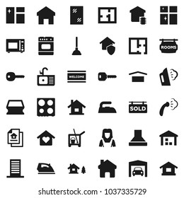 Flat vector icon set - plunger vector, cleaner trolley, sponge, window cleaning, welcome mat, iron, steaming, shining, sink, woman, microwave oven, dry cargo, warehouse, home, key, house, chalet