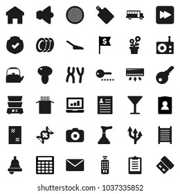 Flat vector icon set - plunger vector, scoop, window cleaning, washboard, plates, kettle, cutting board, double boiler, sieve, pasta, mushroom, bell, school bus, personal information, laptop graph