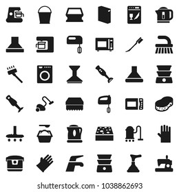 Flat vector icon set - plunger vector, water tap, vacuum cleaner, fetlock, bucket, sponge, car, washing powder, rubber glove, microwave oven, double boiler, blender, washer, dishwasher, mixer, hood