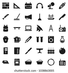 Flat vector icon set - plunger vector, rake, foam basin, measuring cup, knife, rolling pin, oven, corner ruler, drawing compass, backpack, notebook pc, flask, fitball, skateboard, hoop, microphone