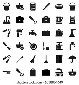 Flat vector icon set - plunger vector, broom, fetlock, bucket, water tap, car, toilet brush, pan, kettle, measuring cup, cook press, whisk, spatula, ladle, grater, sieve, case, hand trainer, scalpel