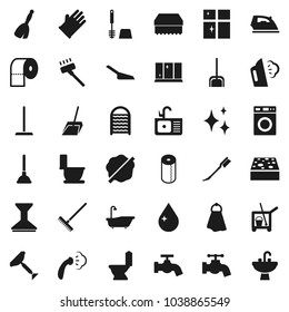 Flat vector icon set - plunger vector, scraper, cleaner trolley, broom, vacuum, mop, scoop, rake, sponge, towel, water drop, tap, car fetlock, shining, splotch, iron, steaming, bath, toilet, brush