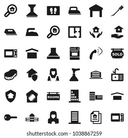 Flat vector icon set - plunger vector, sponge, car fetlock, welcome mat, iron, steaming, house hold, sink, cleaner woman, microwave oven, school building, dry cargo, warehouse, plan, estate document