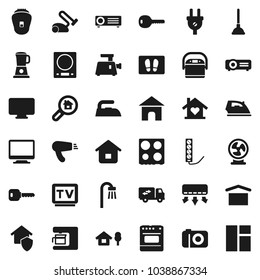 Flat vector icon set - plunger vector, welcome mat, iron, oven, dry cargo, tv, key, chalet, search estate, bath, relocation truck, love home, protect, power plug, coffee maker, meat grinder, blender