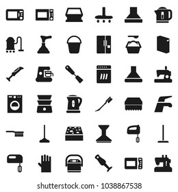 Flat vector icon set - plunger vector, water tap, vacuum cleaner, fetlock, mop, bucket, sponge, car, washing powder, rubber glove, kettle, spatula, microwave oven, double boiler, blender, fridge
