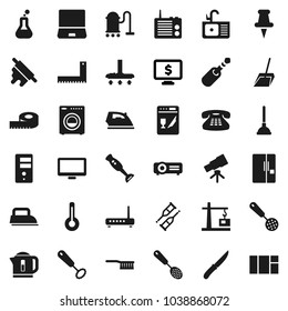 Flat vector icon set - plunger vector, vacuum cleaner, fetlock, scoop, iron, sink, whisk, skimmer, knife, rolling pin, blender, corner ruler, telescope, monitor dollar, measuring, notebook pc, jack