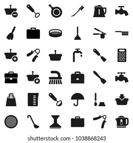 Flat vector icon set - plunger vector, broom, fetlock, water tap, car, toilet brush, pan, kettle, measuring cup, cook press, whisk, spatula, ladle, grater, sieve, case, hand trainer, umbrella