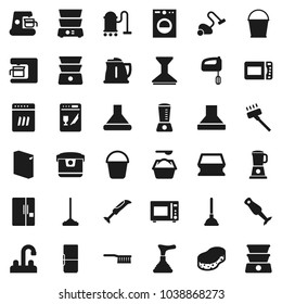 Flat vector icon set - plunger vector, vacuum cleaner, fetlock, mop, bucket, sponge, car, washing powder, water tap, kettle, microwave oven, double boiler, blender, fridge, washer, dishwasher, mixer