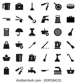 Flat vector icon set - plunger vector, broom, water tap, fetlock, car, pan, kettle, measuring cup, cook press, spatula, ladle, grater, sieve, case, hand trainer, umbrella, scalpel, shopping bag