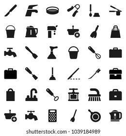 Flat vector icon set - plunger vector, broom, water tap, fetlock, bucket, car, toilet brush, pan, kettle, cook press, whisk, spatula, grater, sieve, case, hand trainer, scalpel, supply, shopping bag