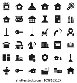 Flat vector icon set - plunger vector, cleaner trolley, fetlock, mop, car, window cleaning, steaming, sink, woman, oven, school building, university, dry cargo, key, house, cottage, chalet, office