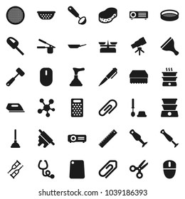 Flat vector icon set - plunger vector, scraper, sponge, toilet brush, pan, colander, cook press, ladle, rolling pin, meat hammer, cutting board, grater, blender, sieve, ruler, pen, telescope, iron