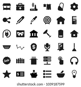 Flat vector icon set - plunger vector, scraper, drying clothes, colander, pasta, constellation, bank, piggy, receipt, target, microphone, touchscreen, headphones, social media, favorites, battery