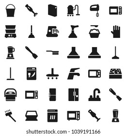Flat vector icon set - plunger vector, water tap, vacuum cleaner, fetlock, mop, bucket, sponge, washing powder, rubber glove, spatula, microwave oven, double boiler, blender, fridge, dishwasher