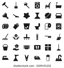 Flat vector icon set - plunger vector, scraper, cleaner trolley, vacuum, fetlock, mop, scoop, rake, bucket, clothespin, sponge, trash bin, car, splotch, welcome mat, iron, bath, toilet, washer