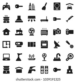 Flat vector icon set - plunger vector, broom, water tap, skimmer, double boiler, dry cargo, key, garage, plan, office building, search estate, home, hood, oven, kitchen scales, blender, fan, camera