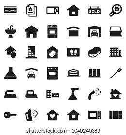 Flat vector icon set - plunger vector, sponge, car fetlock, welcome mat, iron, steaming, shining window, sink, microwave oven, school building, dry cargo, home, key, house, garage, estate document