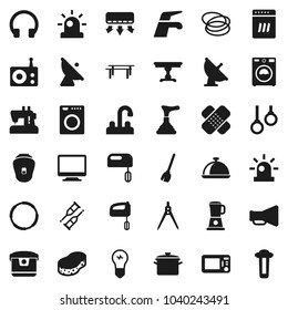 Flat vector icon set - plunger vector, broom, water tap, sponge, washer, pan, dish, drawing compass, horizontal bar, hoop, gymnast rings, satellite antenna, radio, loudspeaker, headphones, crutches