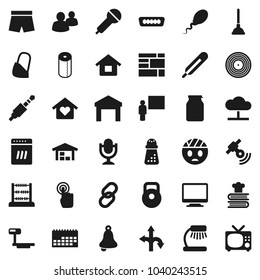 Flat vector icon set - plunger vector, toilet paper, hand mill, cookbook, jar, blackboard, bell, table lamp, abacus, weight, shorts, route, calendar, consolidated cargo, warehouse, big scales, disk