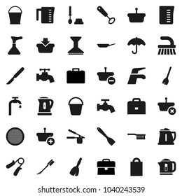 Flat vector icon set - plunger vector, broom, water tap, fetlock, bucket, car, toilet brush, pan, kettle, measuring cup, cook press, whisk, spatula, sieve, case, hand trainer, umbrella, scalpel