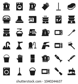 Flat vector icon set - plunger vector, water tap, vacuum cleaner, mop, bucket, sponge, car fetlock, washing powder, rubber glove, kettle, spatula, microwave oven, double boiler, blender, fridge