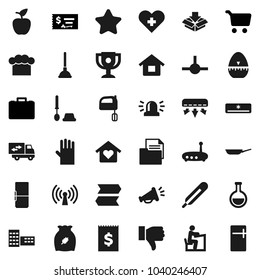 Flat vector icon set - plunger vector, toilet brush, rubber glove, pan, cook hat, timer, mixer, cereal, school building, student, apple fruit, award cup, cart, case, check, receipt, document, flask