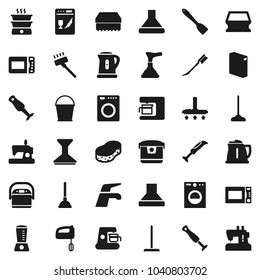 Flat vector icon set - plunger vector, water tap, vacuum cleaner, mop, bucket, sponge, car fetlock, washing powder, kettle, spatula, microwave oven, blender, washer, dishwasher, mixer, coffee maker