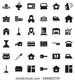Flat vector icon set - plunger vector, cleaner trolley, fetlock, mop, sponge, car, window cleaning, welcome mat, iron, steaming, shining, sink, woman, microwave oven, university, school building