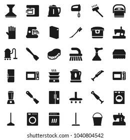 Flat vector icon set - plunger vector, vacuum cleaner, fetlock, mop, bucket, sponge, car, washing powder, rubber glove, kettle, spatula, microwave oven, fridge, washer, dishwasher, mixer, blender