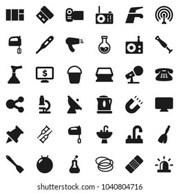 Flat vector icon set - plunger vector, broom, water tap, bucket, sponge, sink, spatula, mixer, microscope, paper pin, magnet, flask, monitor dollar, fitball, hoop, satellite antenna, microphone, usb