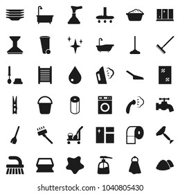 Flat vector icon set - plunger vector, scraper, cleaner trolley, broom, vacuum, fetlock, mop, rake, scoop, bucket, clothespin, sponge, towel, trash bin, water drop, tap, car, shining, splotch, bath