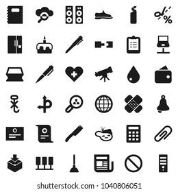 Flat vector icon set - plunger vector, sponge, water drop, cleaning agent, knife, cake, copybook, pen, telescope, bell, clipboard, certificate, snickers, prohibition sign, route, no hook, package