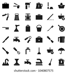 Flat vector icon set - plunger vector, broom, fetlock, bucket, water tap, car, toilet brush, pan, kettle, measuring cup, cook press, whisk, spatula, grater, case, hand trainer, umbrella, scalpel