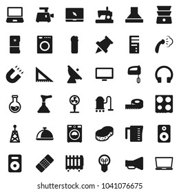 Flat vector icon set - plunger vector, vacuum cleaner, sponge, steaming, washer, cleaning agent, measuring cup, oven, double boiler, dish, corner ruler, paper pin, magnet, flask, satellite antenna
