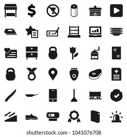 Flat vector icon set - plunger vector, window cleaning, washing powder, plates, toilet paper, pan, knife, hand mill, steak, university, medal, abacus, archive, laptop graph, check, dollar sign, iron