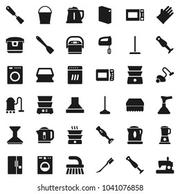 Flat vector icon set - plunger vector, vacuum cleaner, fetlock, mop, bucket, sponge, car, washing powder, rubber glove, kettle, spatula, microwave oven, double boiler, blender, fridge, washer, mixer