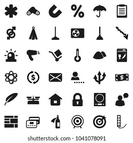 Flat vector icon set - plunger vector, mop, garbage pile, towel, pen, atom, clipboard, magnet, exchange, crisis, target, consolidated cargo, umbrella, speaking man, mail, ambulance star, thermometer