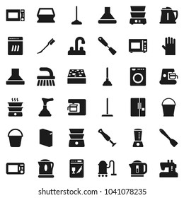 Flat vector icon set - plunger vector, vacuum cleaner, fetlock, mop, bucket, sponge, car, washing powder, rubber glove, water tap, kettle, spatula, microwave oven, double boiler, fridge, washer