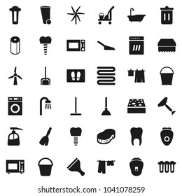 Flat vector icon set - plunger vector, scraper, cleaner trolley, broom, mop, scoop, bucket, sponge, trash bin, welcome mat, bath, drying clothes, washer, liquid soap, toilet paper, towel, tooth